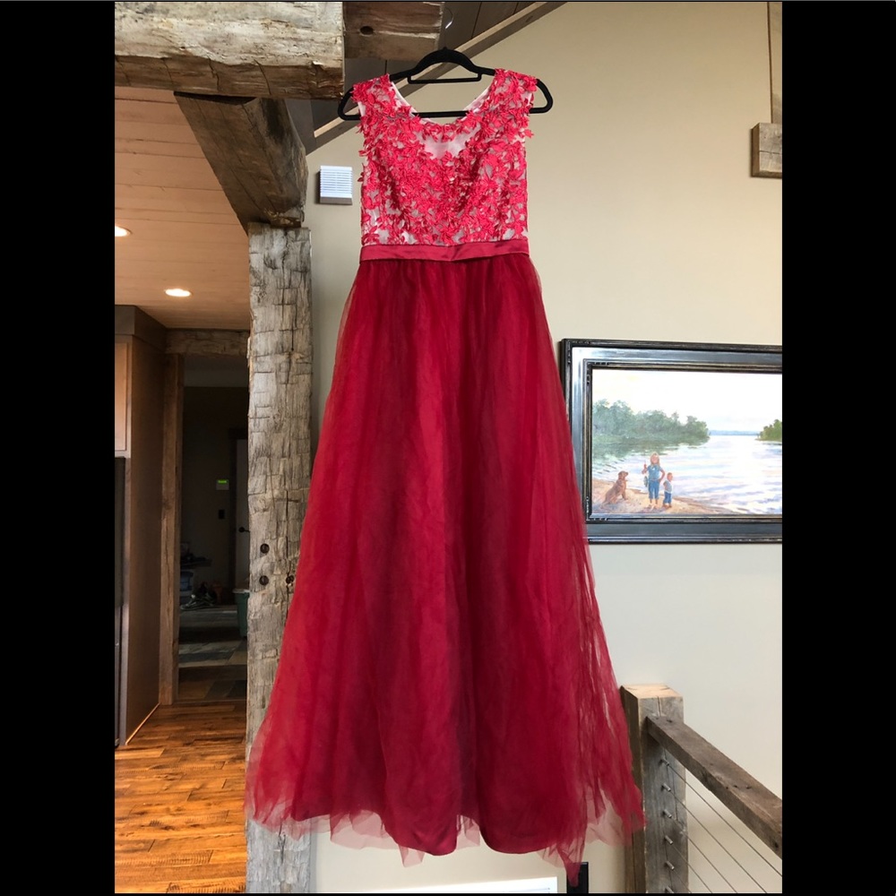 Red Lace Floral Prom Dress